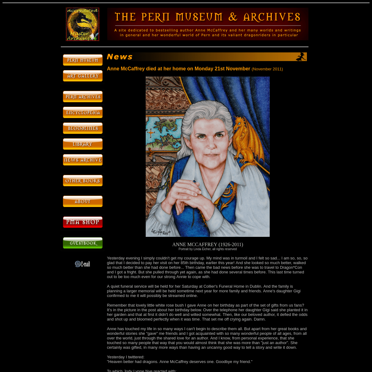 Dragonriders of Pern and Anne McCaffrey resource site: the Pern Museum & Archives