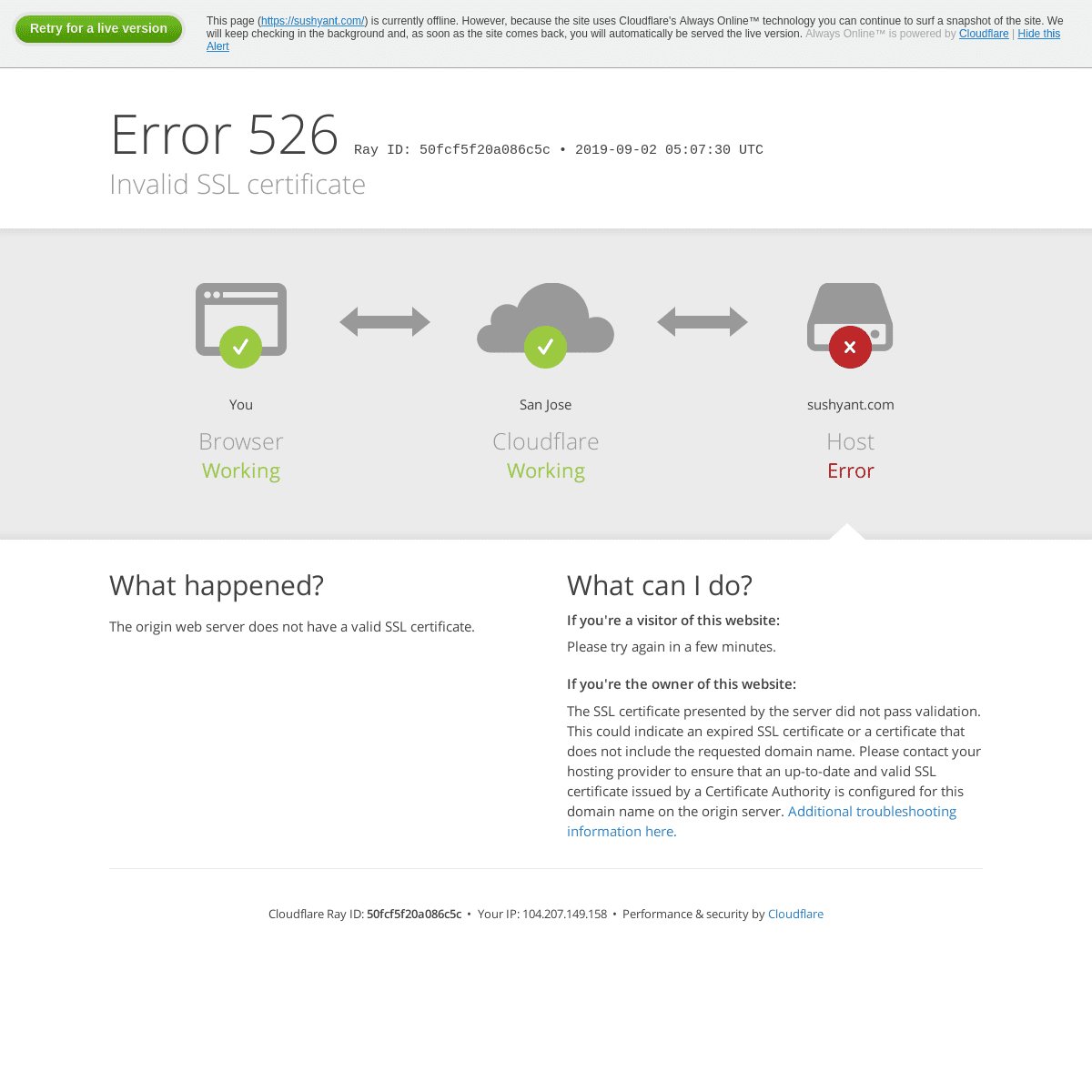 sushyant.com | 526: Invalid SSL certificate