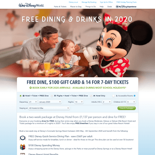 Walt Disney WorldÂ® 2020 Packages - Free Dining + $100 Disney Spending Money + 14 for 7-Day Tickets - Official Site