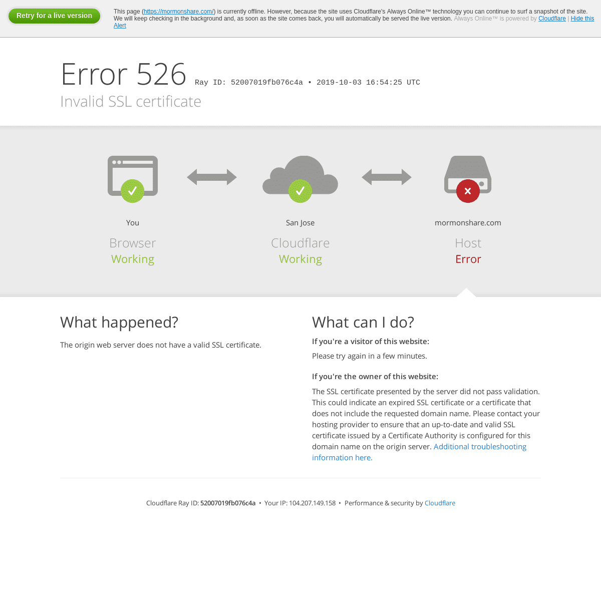 mormonshare.com | 526: Invalid SSL certificate