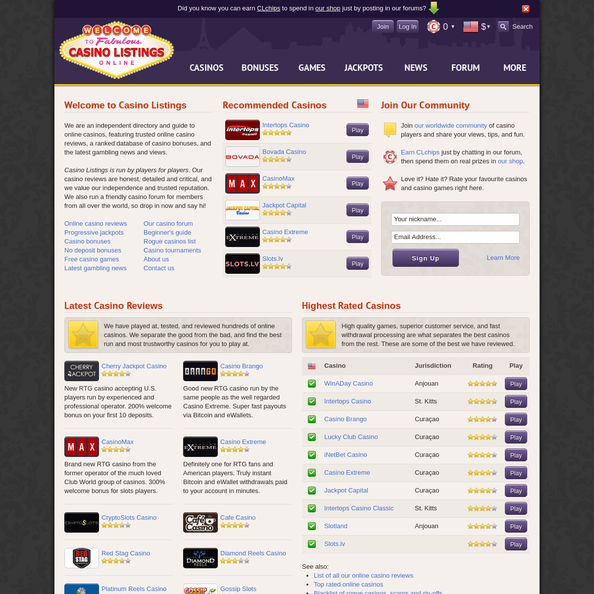 Casino Listings: online casinos, reviews, bonuses, jackpots, forum
