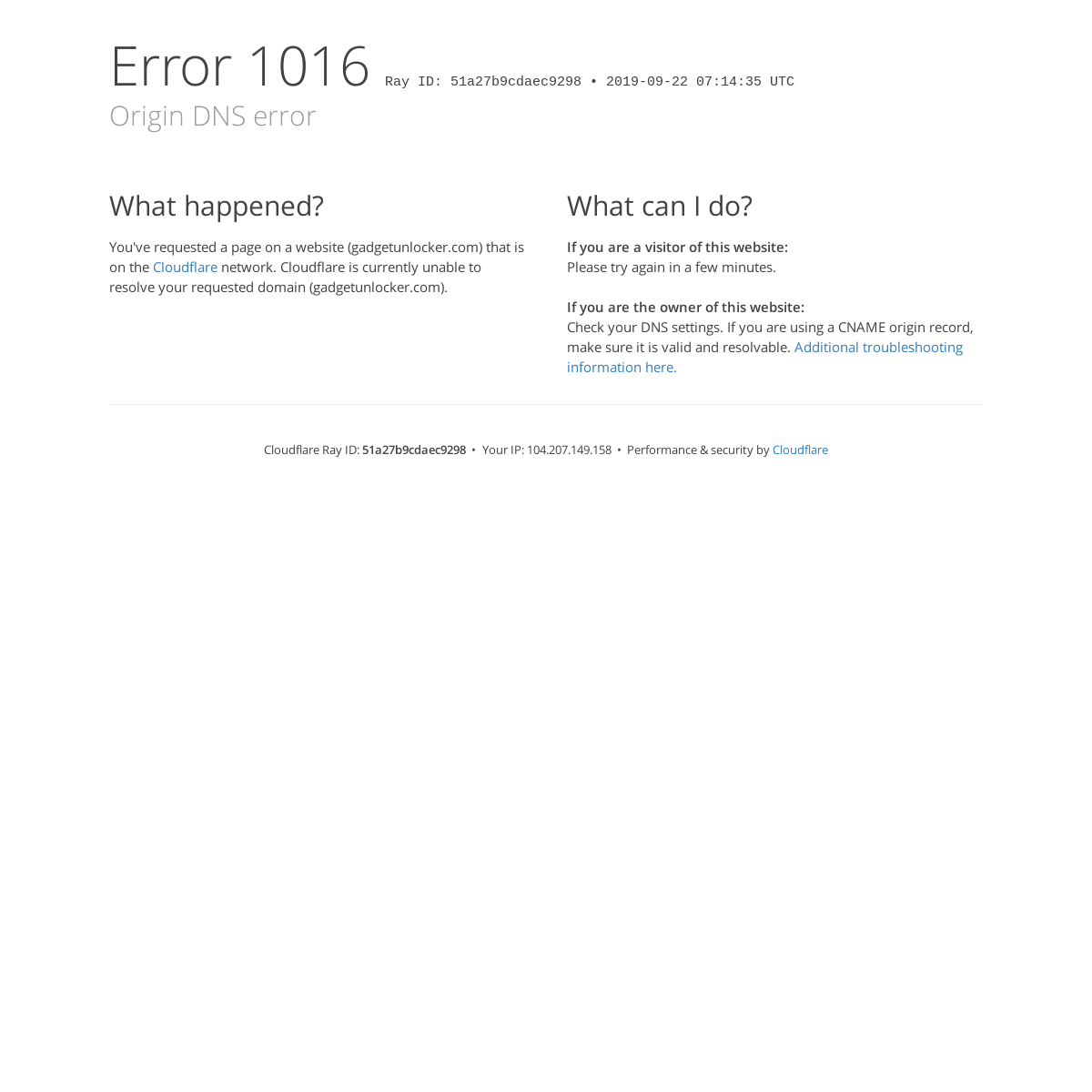 Origin DNS error | gadgetunlocker.com | Cloudflare