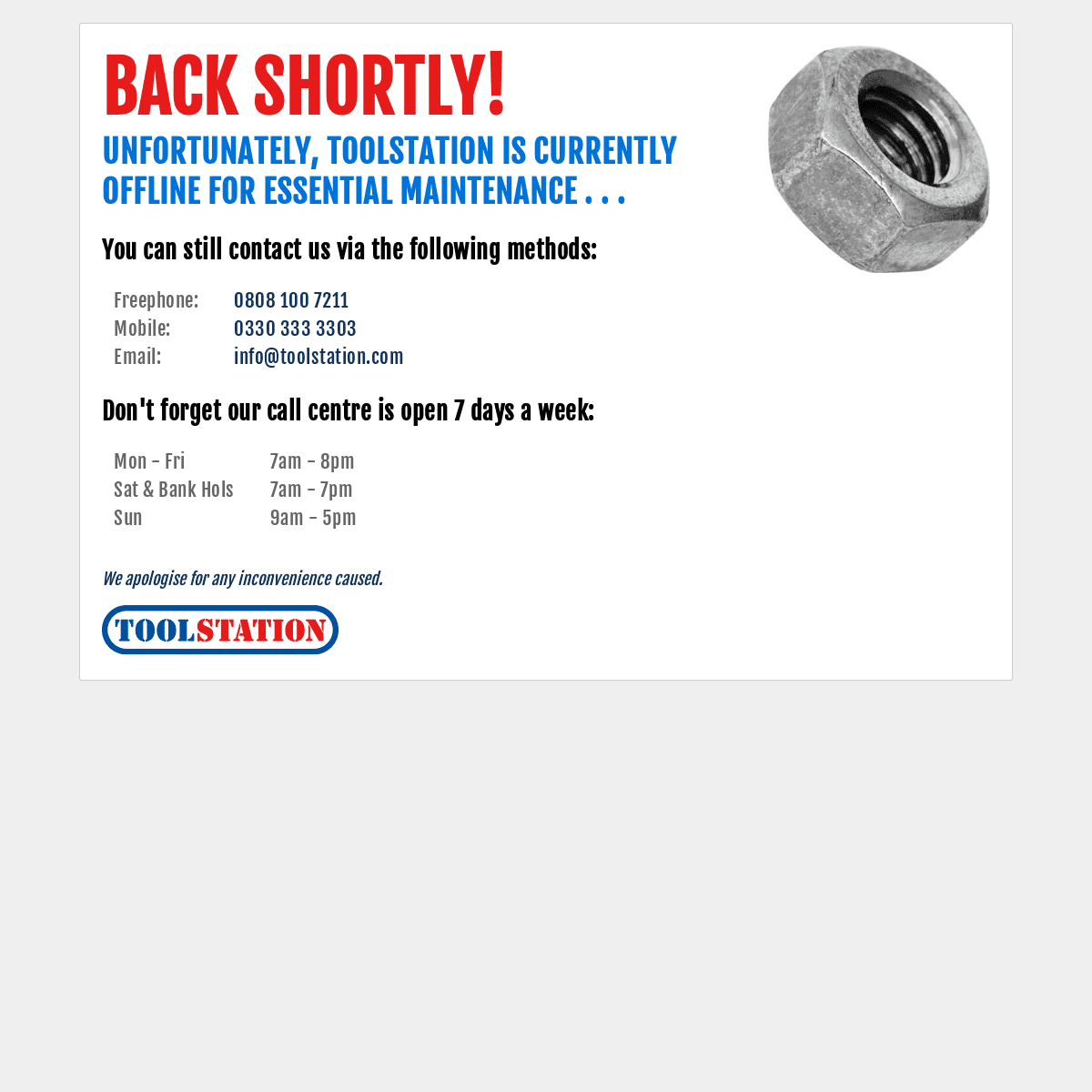 Toolstation is currently offline for essential maintenance