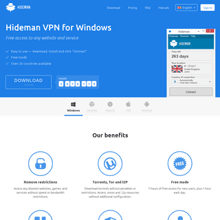 VPN service with free mode. VPN applications for iOS, macOS, Android, Windows and Google Chrome. Download VPN app // Hideman VPN