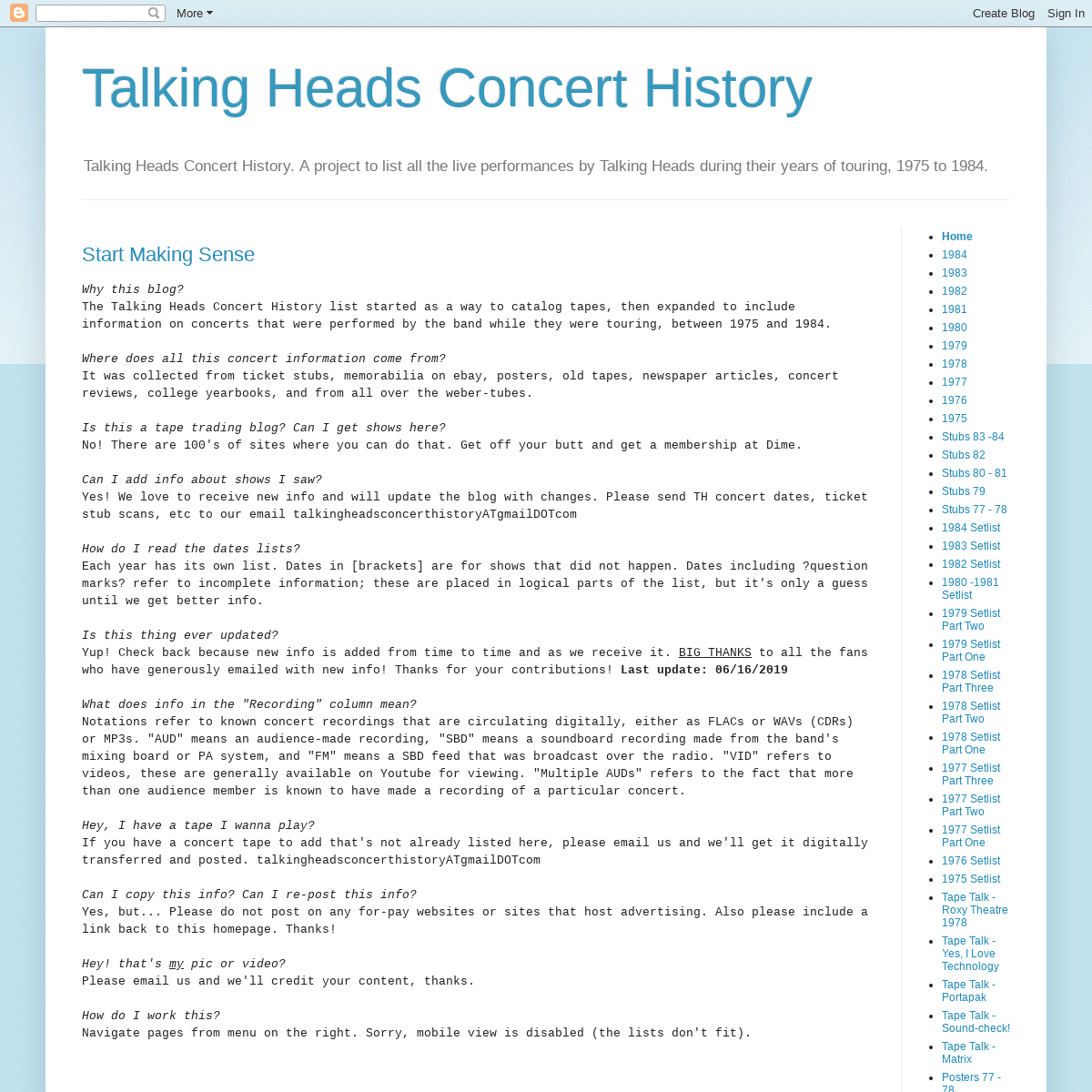 Talking Heads Concert History