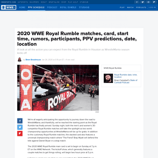 A complete backup of www.cbssports.com/wwe/news/2020-wwe-royal-rumble-matches-card-start-time-rumors-participants-ppv-prediction