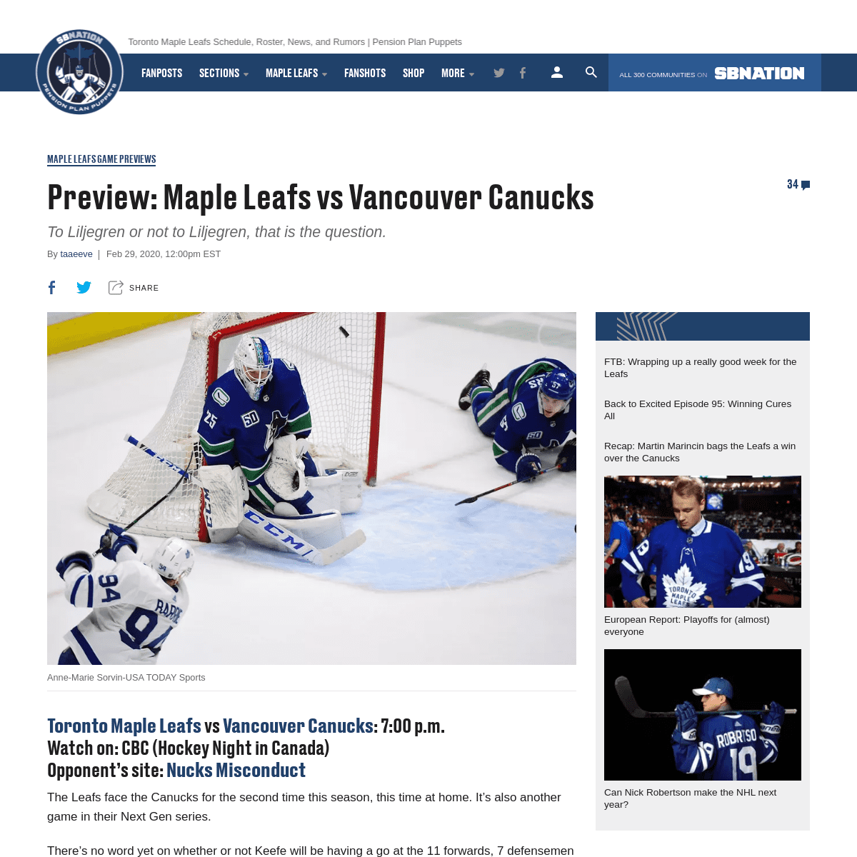 A complete backup of www.pensionplanpuppets.com/2020/2/29/21158979/preview-toronto-maple-leafs-vs-vancouver-canucks-game-preview