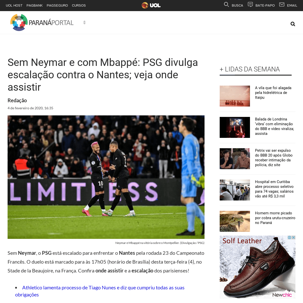 PSG sem Neymar contra o Nantes na Ligue 1; escalaÃ§Ã£o e onde assistir