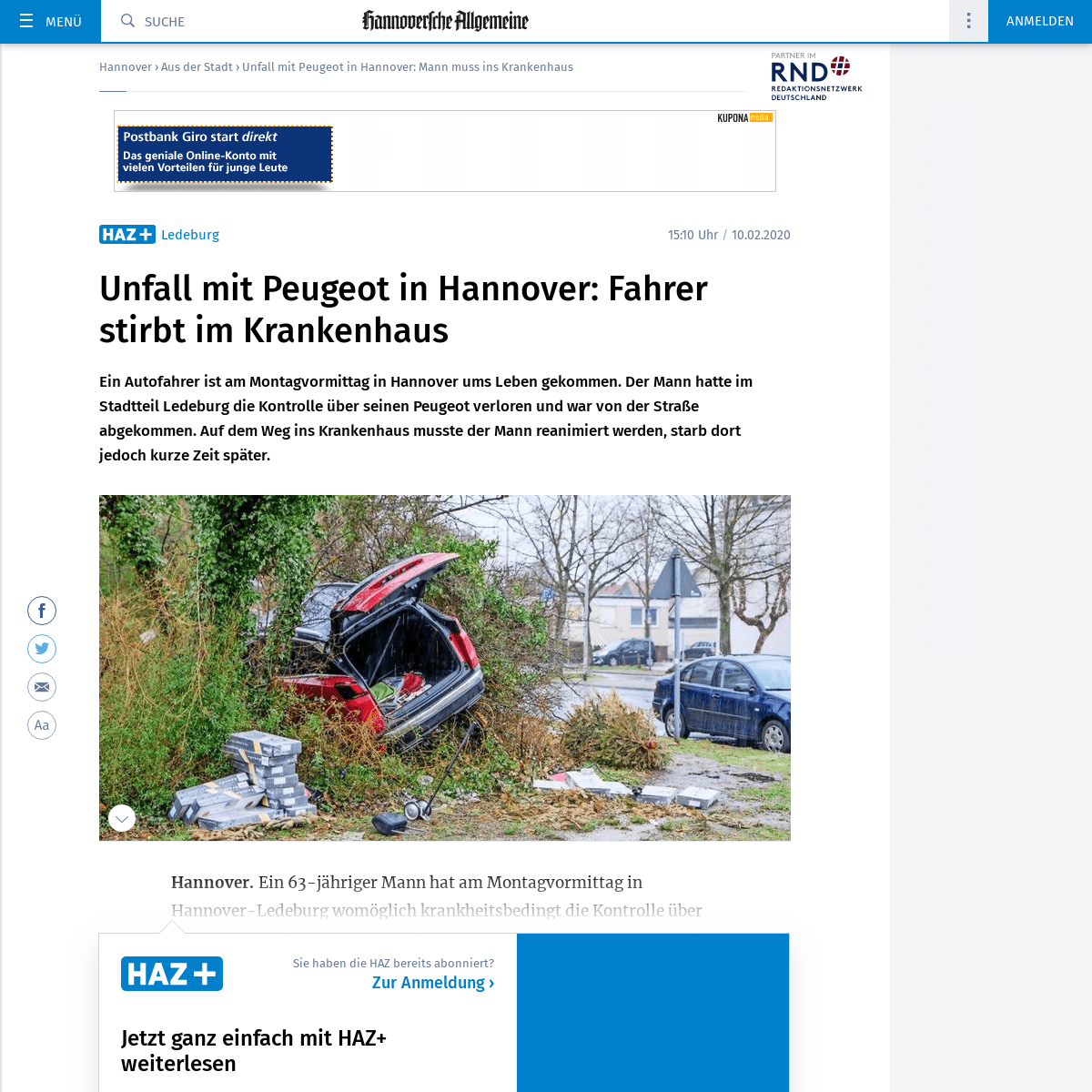 A complete backup of www.haz.de/Hannover/Aus-der-Stadt/Unfall-mit-Peugeot-in-Hannover-Mann-muss-ins-Krankenhaus