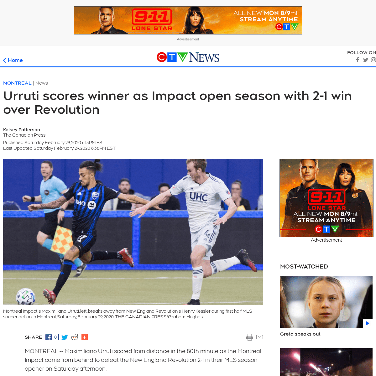 Urruti scores winner as Impact open season with 2-1 win over Revolution - CTV News