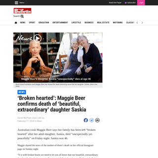 A complete backup of www.townsvillebulletin.com.au/broken-hearted-maggie-beer-confirms-death-of-daughter-saskia/news-story/6c523