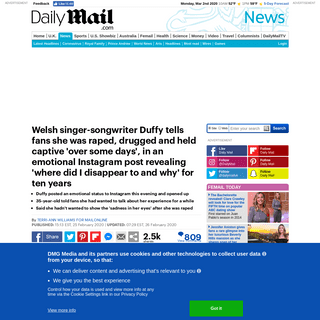 A complete backup of www.dailymail.co.uk/news/article-8043765/Singer-songwriter-Duffy-tells-fans-raped-drugged-emotional-Instagr