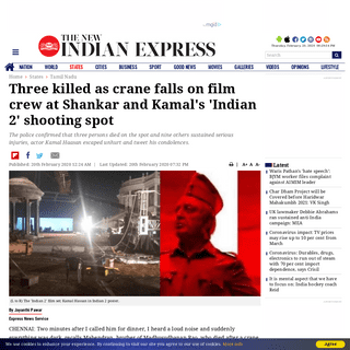 A complete backup of www.newindianexpress.com/states/tamil-nadu/2020/feb/20/three-killed-as-crane-falls-on-film-crew-at-shankar-