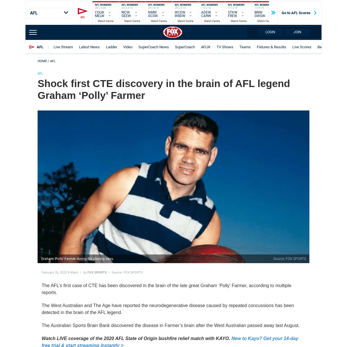 A complete backup of www.foxsports.com.au/afl/shock-cte-discovery-in-the-brain-of-afl-legend-graham-polly-farmer/news-story/b025