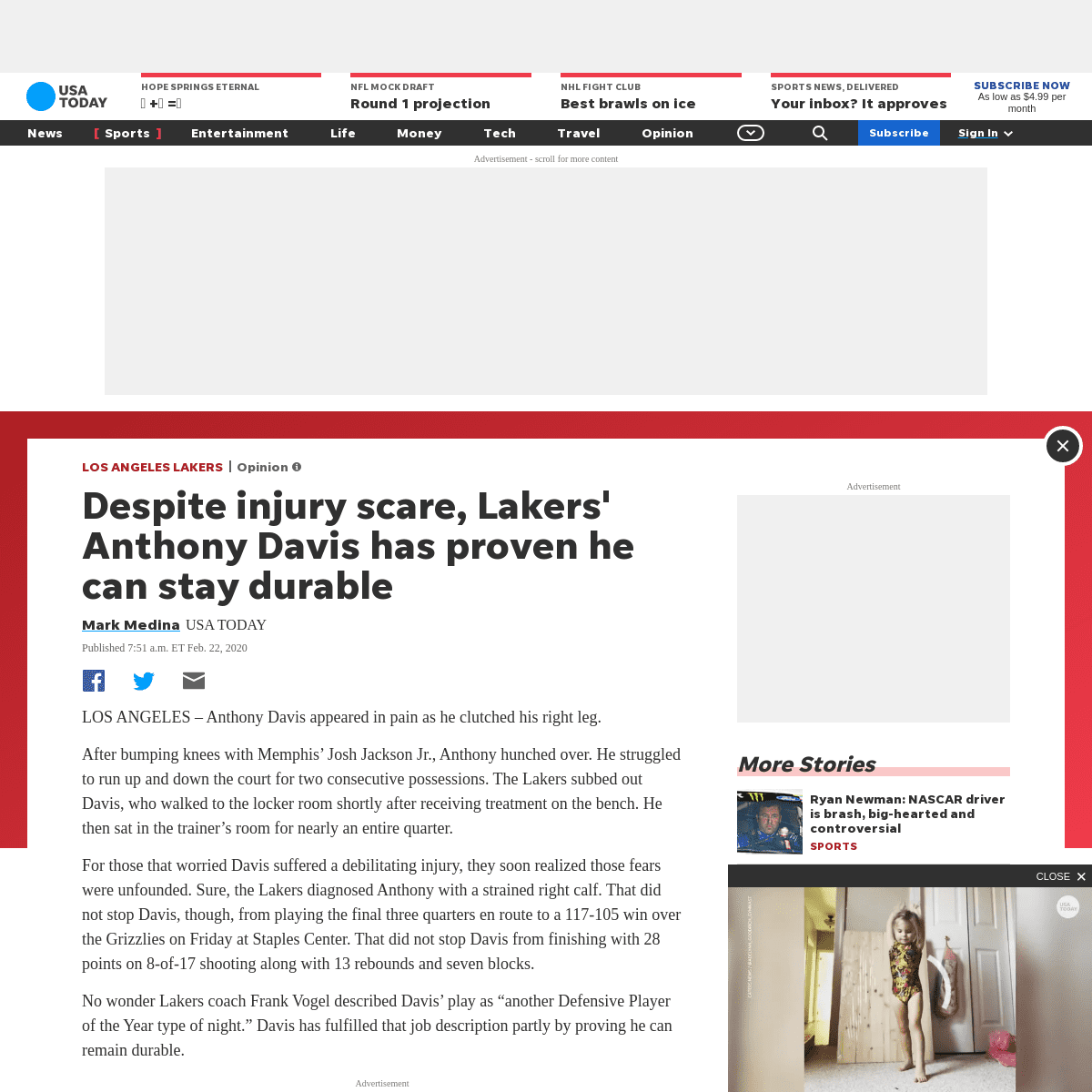 A complete backup of www.usatoday.com/story/sports/nba/lakers/2020/02/22/lakers-anthony-davis-durable-injury/4841147002/