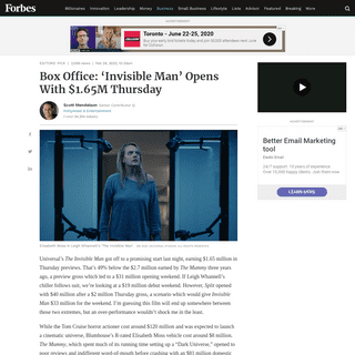 A complete backup of www.forbes.com/sites/scottmendelson/2020/02/28/invisible-man-thursday-box-office-elisabeth-moss-leigh-whann