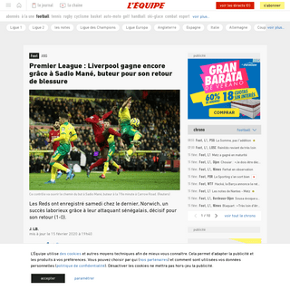 Premier League - Liverpool gagne encore grÃ¢ce Ã  Sadio ManÃ©, buteur pour son retour de blessure - Foot - ANG - L'Ã‰quipe