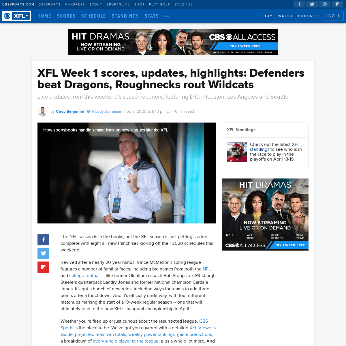 A complete backup of www.cbssports.com/xfl/news/xfl-week-1-scores-updates-highlights-defenders-beat-dragons-roughnecks-rout-wild