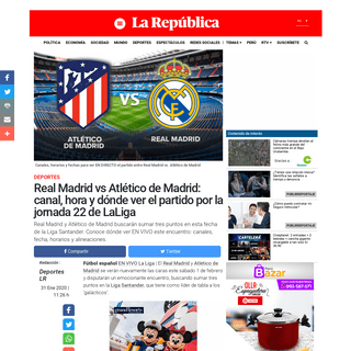 Real Madrid vs AtlÃ©tico de Madrid La Liga 2020 EN VIVO- fecha, cuÃ¡ndo, a quÃ© hora, en quÃ© canal pasan, dÃ³nde juegan, Ã¡rbit