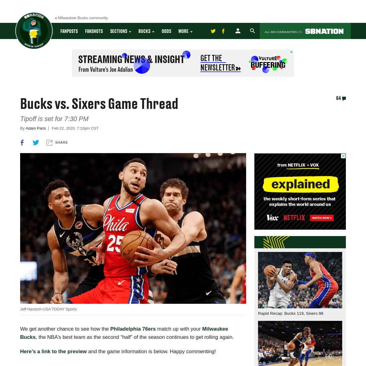 A complete backup of www.brewhoop.com/2020/2/22/21147915/bucks-vs-sixers-game-thread