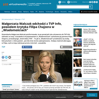 A complete backup of www.wirtualnemedia.pl/artykul/malgorzata-walczak-dziennikarka-tvp-info-odchodzi-powodem-krytyka-filip-chajz