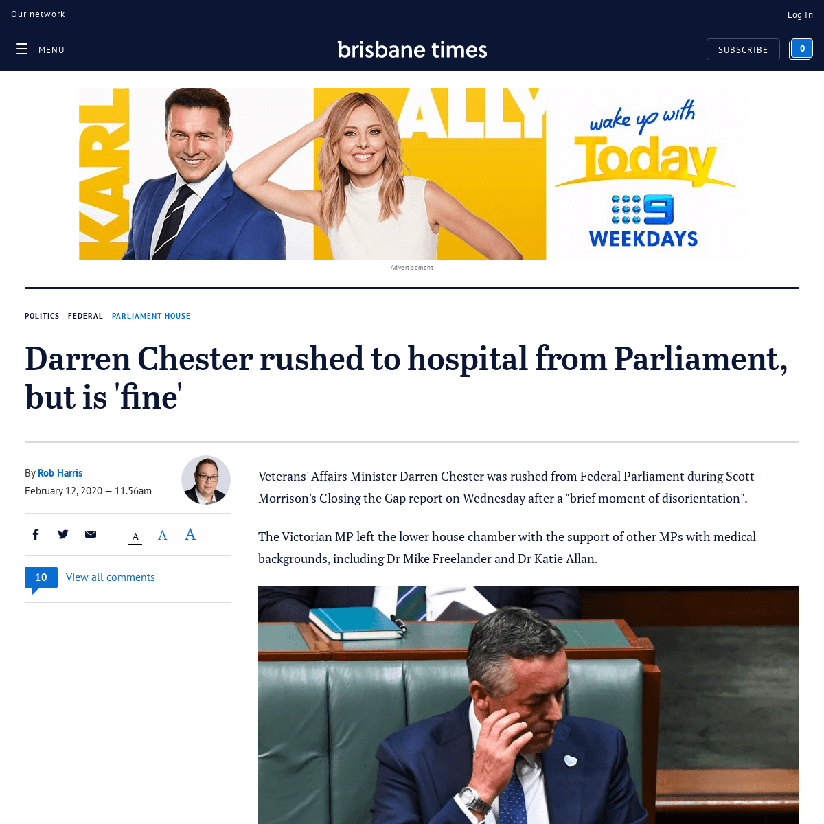 A complete backup of www.brisbanetimes.com.au/politics/federal/darren-chester-rushed-to-hospital-from-parliament-but-is-ok-20200