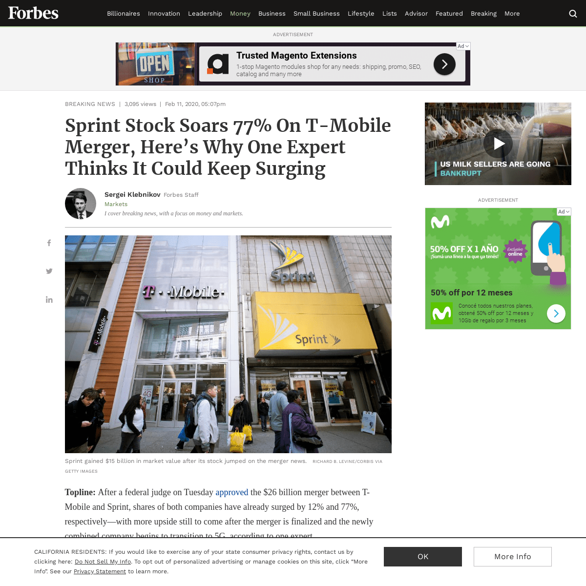 A complete backup of www.forbes.com/sites/sergeiklebnikov/2020/02/11/sprint-stock-soars-77-on-t-mobile-merger-heres-why-one-expe