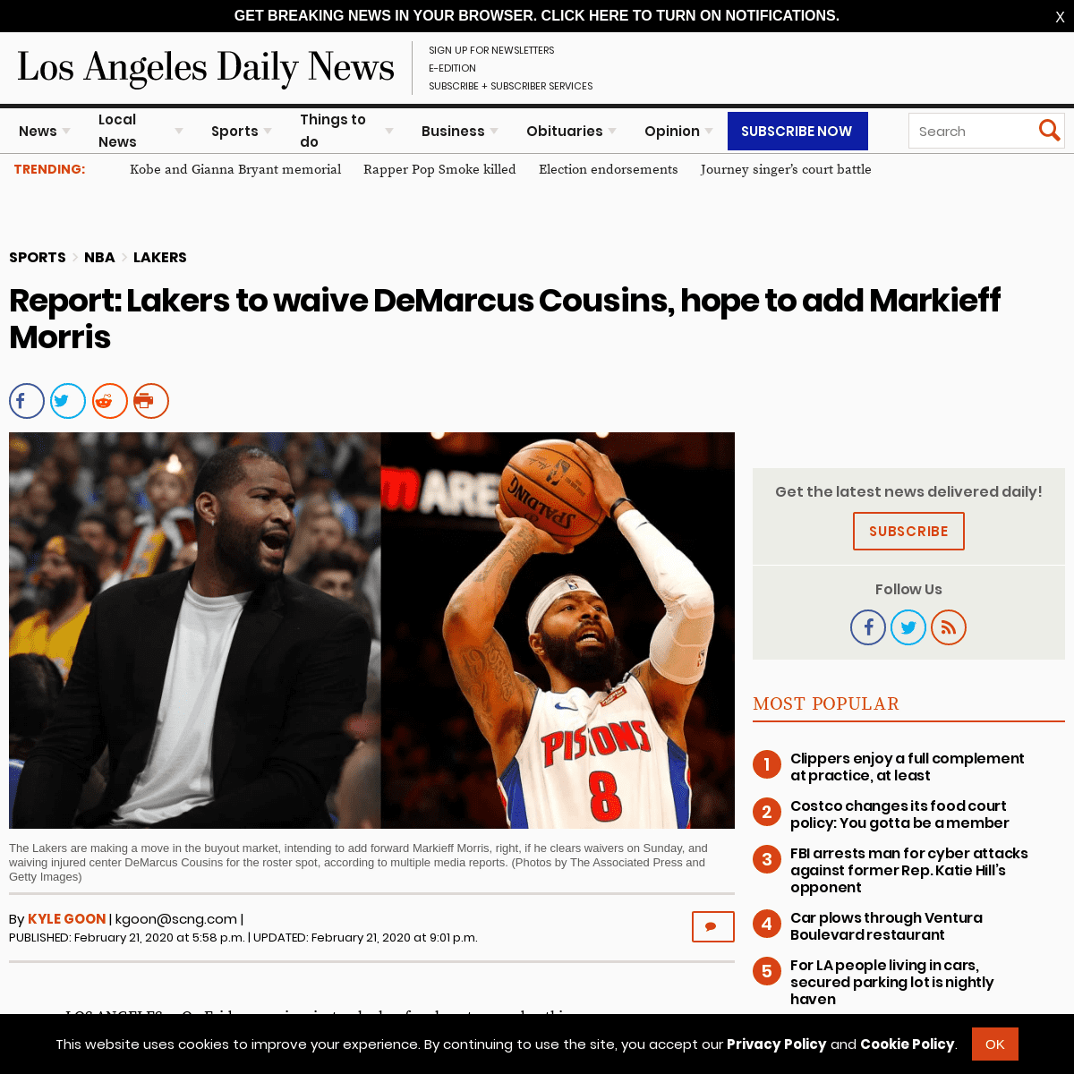 A complete backup of www.dailynews.com/2020/02/21/report-lakers-to-waive-demarcus-cousins-hope-to-add-markieff-morris/