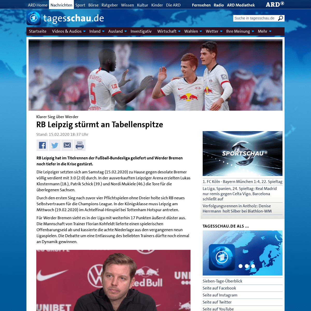 Klarer Sieg Ã¼ber Werder- RB Leipzig stÃ¼rmt an Tabellenspitze - tagesschau.de