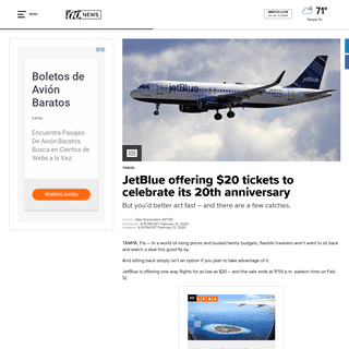 JetBlue offering $20 tickets to celebrate its 20th anniversary - wtsp.com