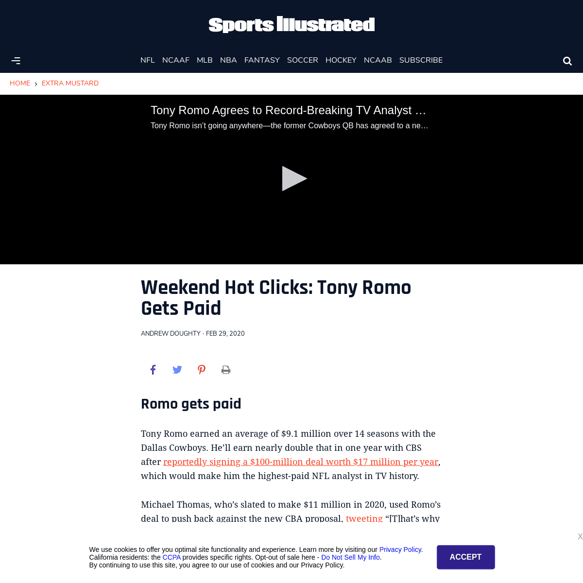A complete backup of www.si.com/extra-mustard/2020/02/29/romo-cbs-contract-xlf-kickoff-rules-influence