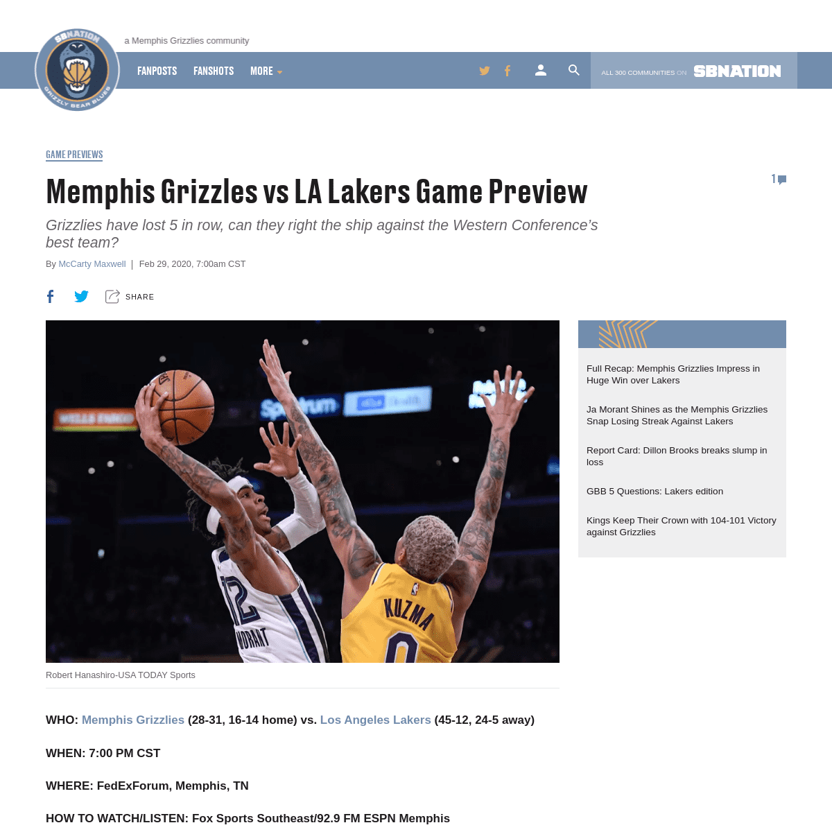 A complete backup of www.grizzlybearblues.com/2020/2/29/21158794/memphis-grizzles-vs-la-lakers-game-preview-nba-start-time-tv-in