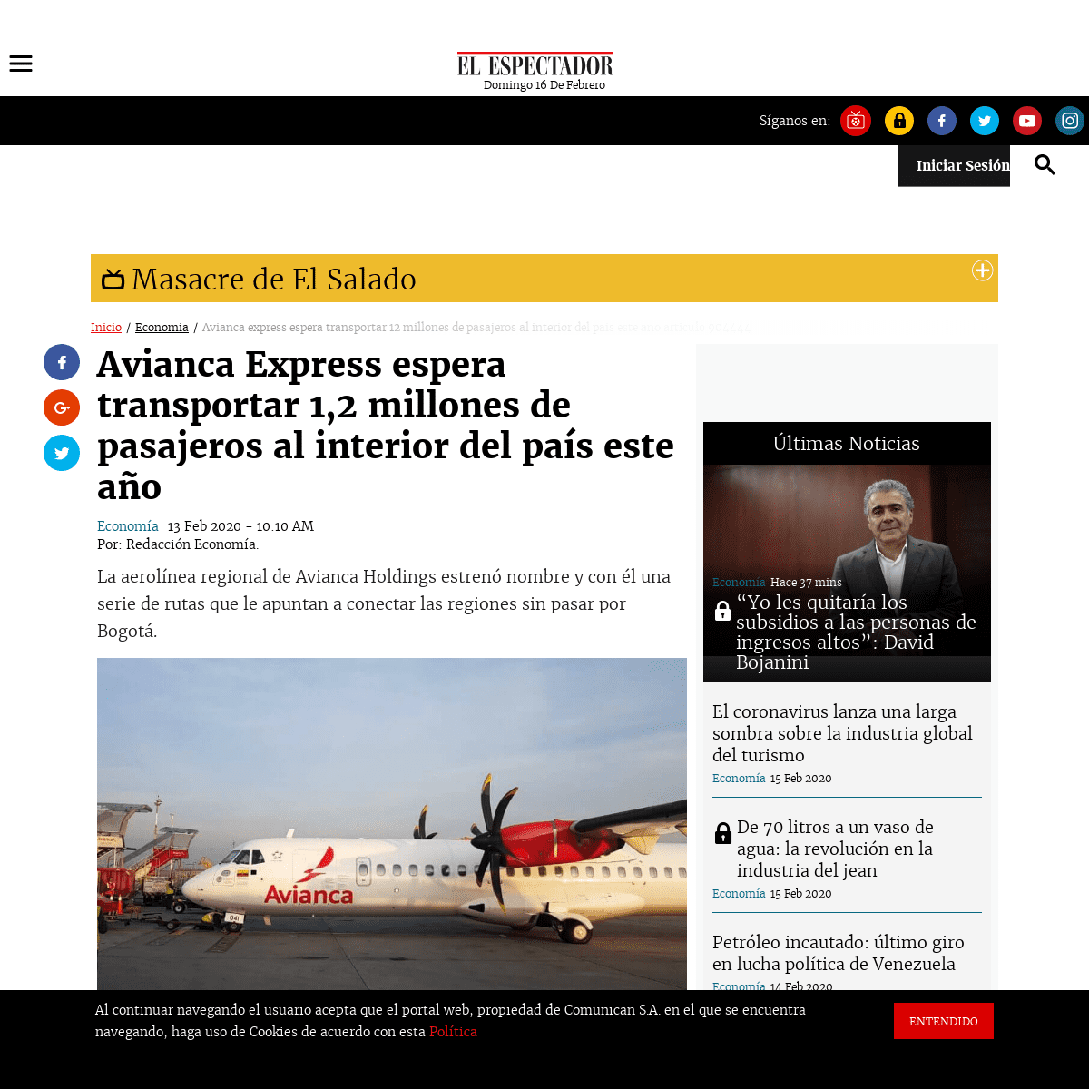 A complete backup of www.elespectador.com/economia/avianca-express-espera-transportar-12-millones-de-pasajeros-al-interior-del-p