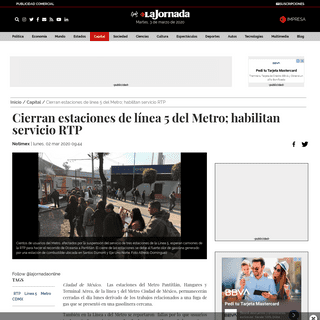 A complete backup of www.jornada.com.mx/ultimas/2020/03/02/cierran-estaciones-de-linea-5-del-metro-habilitan-servicio-rtp-2332.h