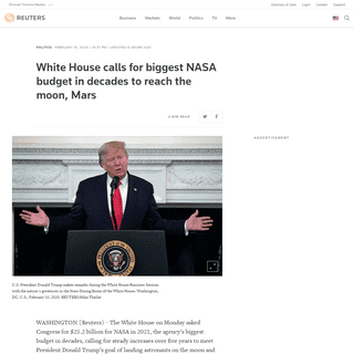 A complete backup of www.reuters.com/article/us-usa-trump-budget-nasa/white-house-calls-for-biggest-nasa-budget-in-decades-to-re