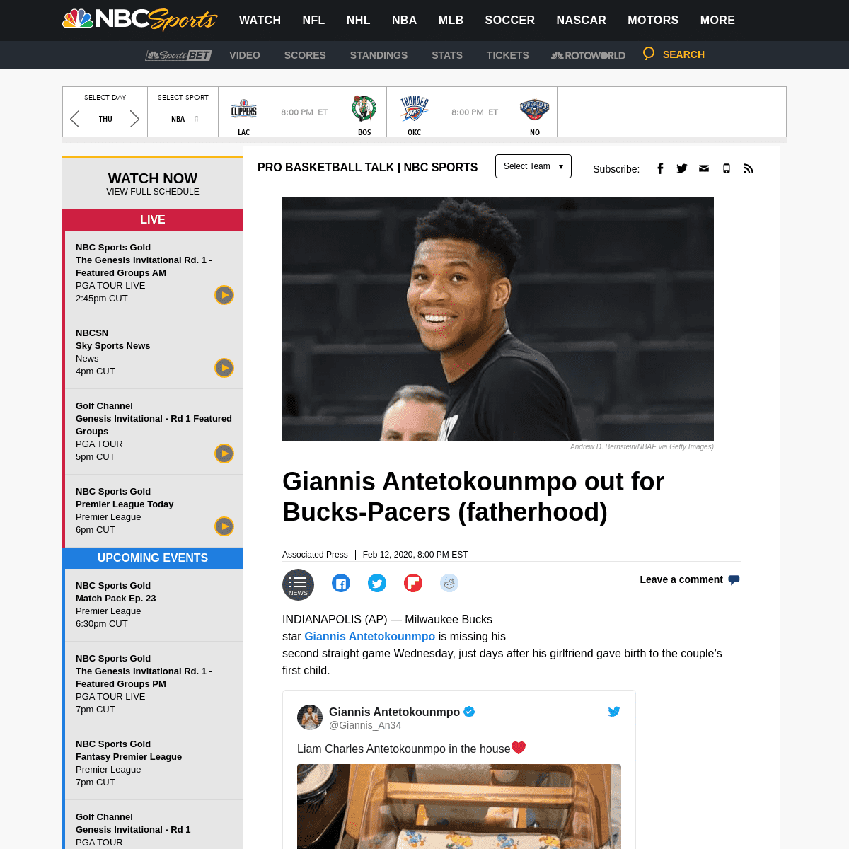 A complete backup of nba.nbcsports.com/2020/02/12/giannis-antetokounmpo-out-for-bucks-pacers-fatherhood/
