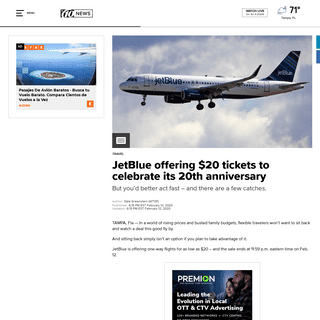 JetBlue offering $20 tickets to celebrate its 20th anniversary - wtsp.com