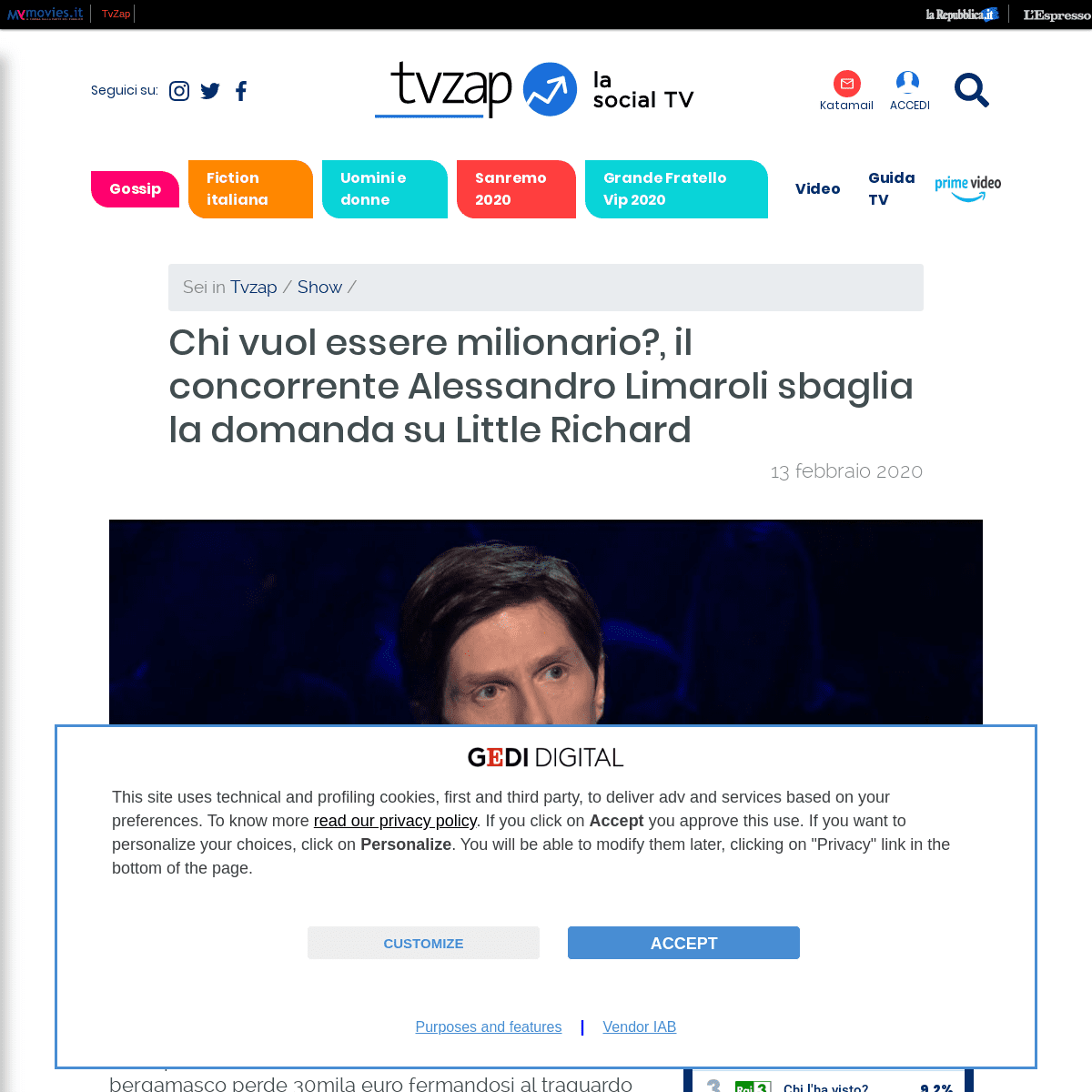 A complete backup of tvzap.kataweb.it/news/271688/chi-vuol-essere-milionario-il-concorrente-alessandro-limaroli-sbaglia-la-doman
