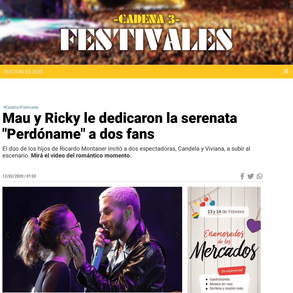Mau y Ricky le dedicaron la serenata -PerdÃ³name- a dos fans - Festivales 2020 - Cadena 3 Argentina