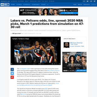 Lakers vs. Pelicans odds, line, spread- 2020 NBA picks, March 1 predictions from simulation on 47-30 roll - CBSSports.com