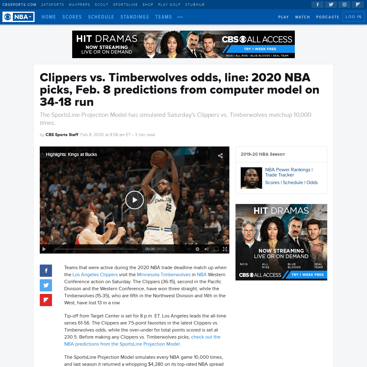A complete backup of www.cbssports.com/nba/news/clippers-vs-timberwolves-odds-line-2020-nba-picks-feb-8-predictions-from-compute