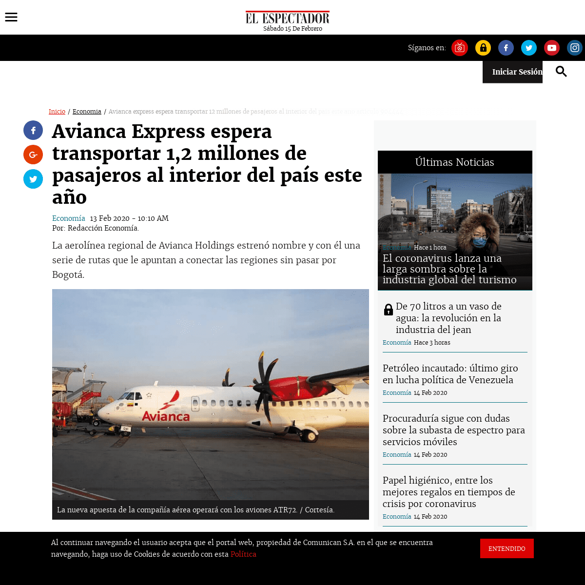 A complete backup of www.elespectador.com/economia/avianca-express-espera-transportar-12-millones-de-pasajeros-al-interior-del-p