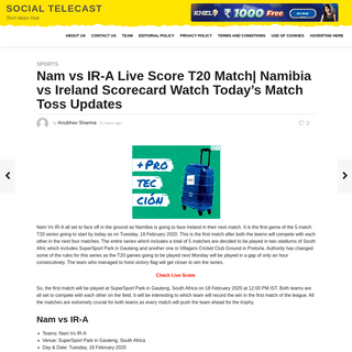 Nam vs IR-A Live Score T20 Match- Namibia vs Ireland Scorecard Watch Today's Match Toss Updates