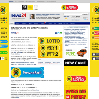 A complete backup of www.news24.com/Lottery/saturdays-lotto-and-lotto-plus-results-20200208-6