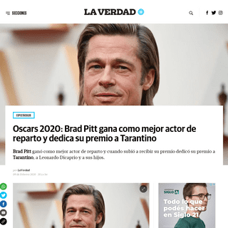 Oscars 2020- Brad Pitt gana como mejor actor de reparto y dedica su premio a Tarantino - La Verdad Noticias