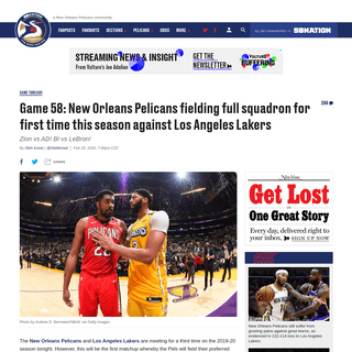 Game 58- New Orleans Pelicans fielding full squadron for first time this season against Los Angeles Lakers - The Bird Writes