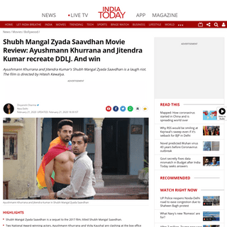 A complete backup of www.indiatoday.in/movies/bollywood/story/shubh-mangal-zyada-saavdhan-movie-review-ayushmann-khurrana-and-ji