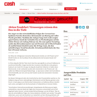 Aktien Frankfurt- Virussorgen reissen den Dax in die Tiefe - News - cash