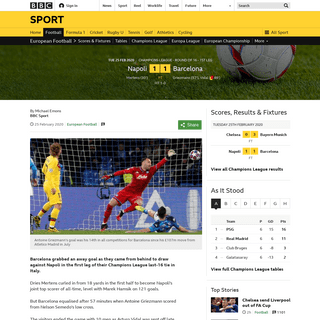Napoli 1-1 Barcelona- Antoine Griezmann gives Spanish side vital away goal - BBC Sport