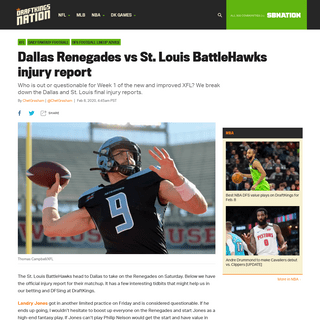 XFL injury report, Week 1- Dallas Renegades vs St. Louis BattleHawks final designations - DraftKings Nation